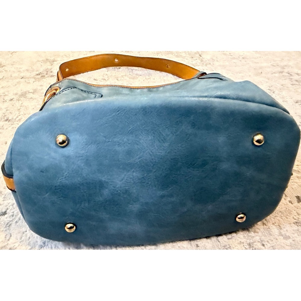 Slate Blue and Mustard Yellow Vegan Leather Hobo Bag with Chevron Lining - Picture 4 of 7